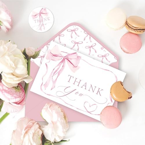24 Pack Pink Bow Thank You Cards, Bowknot Bridal Shower Greeting Card with Envelopes and Stickers for Birthday Summer Wedding Baby Shower Party Supplies