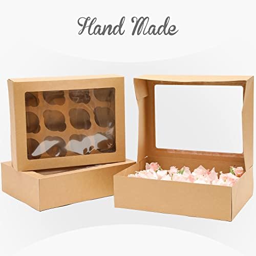 qiqee Auto-pop Up Cupcake Boxes with Window Brown 40PCS 12 Count Cupcake Box 13"x10"x3.5" Cupcakes Carrier, 12 Cupcake Containers with 2 rolls of pink ribbons