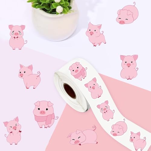 500PCS Little Pig Stickers 7 Styles Pink Piglet Sticker Rolls 1in Adorable Cartoon Stickers Party Favors Waterproof Vinyl Sticker for Birthday Party Favors Envelopes Scrapbook Decorations