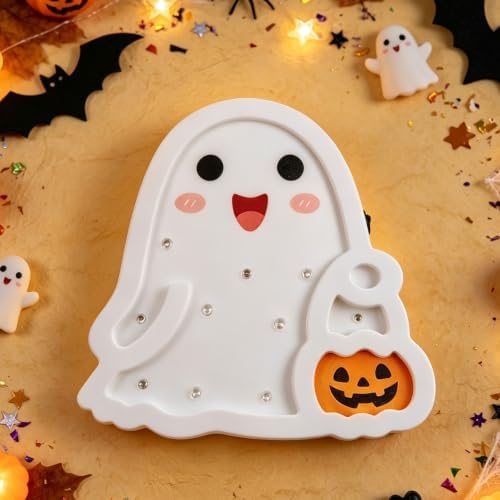 FOIMAS Halloween Wooden Table Sign, 7.8" Light Up Ghost Tabletop Decoration for Desk Tabletop Halloween Party Home Bedroom Office Gifts Trick or Treat