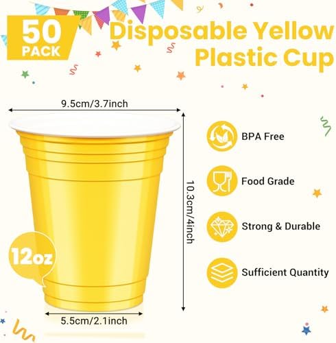 50 Pcs Yellow Plastic Cups, 12 oz Disposable Cups for Party