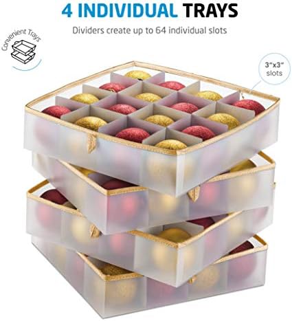 ZOBER Christmas Ornament Storage Box Plastic - Stores 64 3" Ornaments with Individual Trays - Ornament Organizer Storage Box, Durable Christmas Containers Holder - Gold