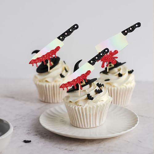 Rsstarxi 24 Pack Halloween Knife Cupcake Toppers Blood Knife Have a Killer Birthday Cupcake Picks Decorations for Horror Theme Birthday Halloween Party Cake Decorations