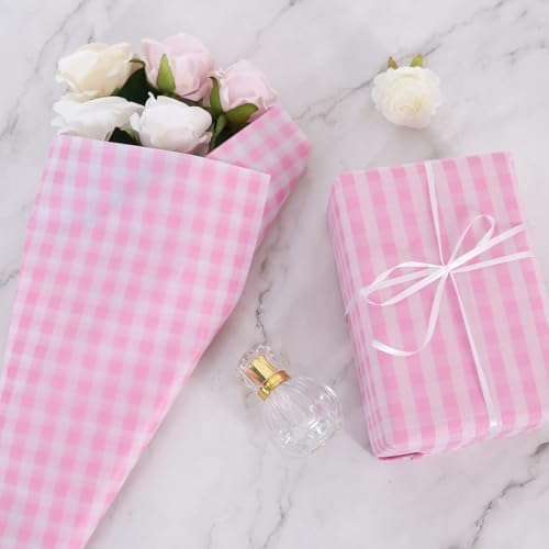 BEISHIDA Gingham Tissue Paper Bulk，Pink and White Checkered Wrapping Tissue Paper for Gift Bags, 14 x 20 Inch Gift Wrap for Valentines Birthday Easter DIY Crafts Decor Holiday Flowers-50 Sheets