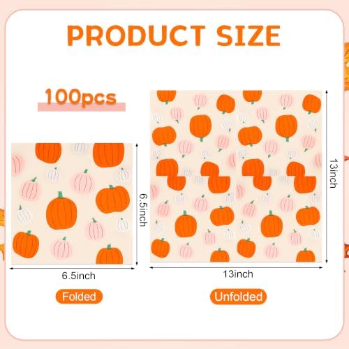 100 Pcs Pink Orange Fall Pumpkin Paper Luncheon Napkins, 6.5in