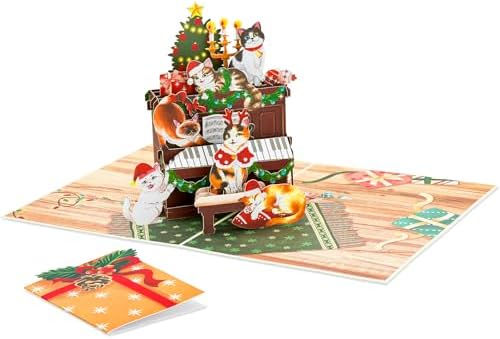 POPWOW Christmas Piano Cats Pop Up Card, Cute Cats on Piano, Xmas Tree, 3D Greeting Card, Gift for Cat Person, Kid, Boy, Girl, Sister, Brother, 5x7 - Includes Envelope And Message Note