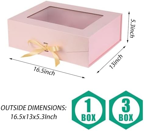 Pink Extra Large Gift Box for Presents with Ribbon 16.5x13x5.3 Inches Clear Gift Box with Window Magnetic Closure Gift Boxes with Lids