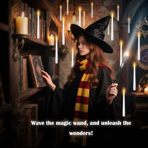 kakoya Flameless Floating Candles with Wand,36 Pcs Magic LED Hanging Taper Candles,Flickering Battery Operated Taper Candle with Wand Remote for Halloween Decorations Best Gift(White)