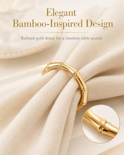 Gold Bamboo Napkin Rings Set of 12 for Weddings and Holiday Tables