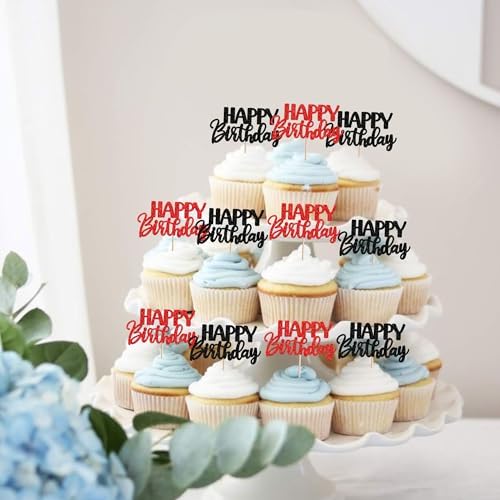 30 PCS Happy Birthday Cupcake Toppers Glitter Happy Birthday Cupcake Picks for Celebrating Anniversary Theme Christmas Party Cake Decorations Supplies Red Black
