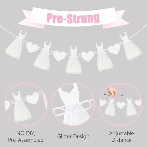 Pre-Strung White Wedding Dress Banner Sign 9.8FT, Glitter Paper