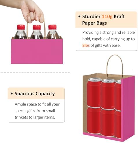 BagDream Medium Gift Bags with Handles 8x4.25x10.5 Inch Pink 100 Pack Bulk