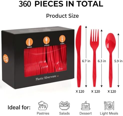 360Pcs Red Plastic Silverware Set, Disposable Forks Spoons Knives