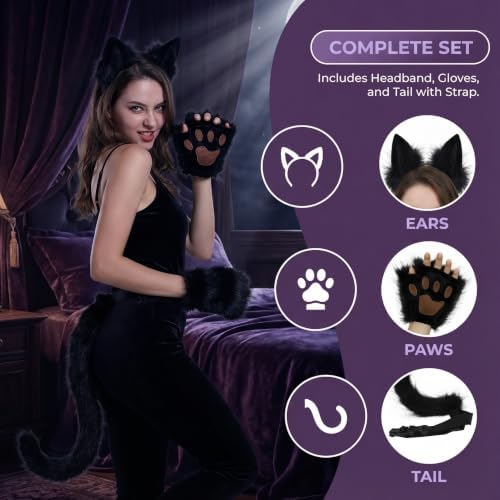 CHOICEONE Cat Fox wolf Ears and Tail Set with Paws Gloves Faux Fur Animal Cosplay Costume Accessories for Halloween Party