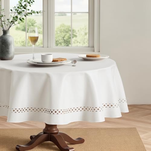 MIULEE White 60 Inch Round Linen Tablecloth with Decorative Cutouts