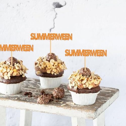 24Pcs Glitter Orange Summerween Cupcake Toppers Happy Summerween Birthday Cupcake Picks for Summer Halloween Birthday Cupcake Decorations Summer Holiday Party Decorations