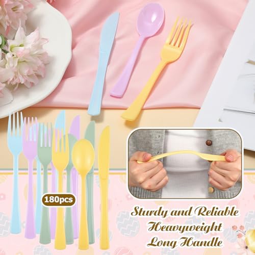 Minatee 180 Pcs Pastel Plastic Silverware Heavy Duty Cutlery Sets Disposable Utensils for Holiday Birthday Themed Party Supplies, 60 of Each Forks Knives Spoons(Macaron Color)