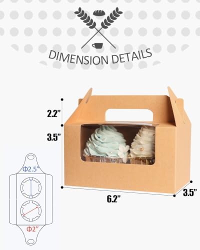 qiqee 100 Packs Cupcake Box Two Holder 6.5x3.6x3.5inch(2.2" Top) Kraft 2 Cupcake Boxes With Window（100 Boxes+100 Inserts）