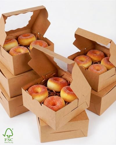 qiqee Kraft Cookie Boxes with Window 60packs 6x6x3 Brown Bakery Box Kraft Paper Boxes for Cookie, Pastry, Cupcake, Pie, Donut