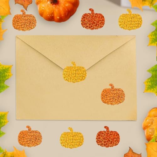 500Pcs Fall Thanksgiving Pumpkin Stickers Roll - Laser Pumpkin Shaped Self-Adhesive Stickers, 3 Orange Sparkly Waterproof Decals for Easter Autumn Party Cards Seal Envelopes Supplies Scrapbook Decor
