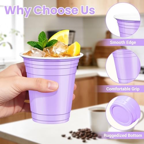 50 Pcs Light purple Plastic Cups, 12 oz Disposable Cups for Party