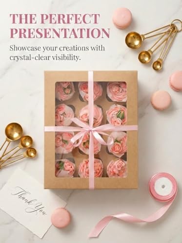 qiqee Auto-pop Up Cupcake Boxes with Window Brown 40PCS 12 Count Cupcake Box 13"x10"x3.5" Cupcakes Carrier, 12 Cupcake Containers with 2 rolls of pink ribbons