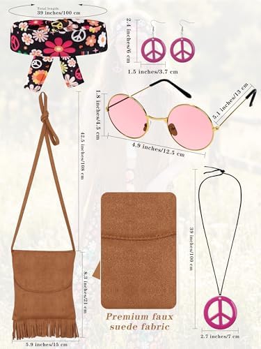 SOMSOC 7 Pieces 60s 70s Women Hippie Costume Fringe Vest Bag Pant Headband for Disco