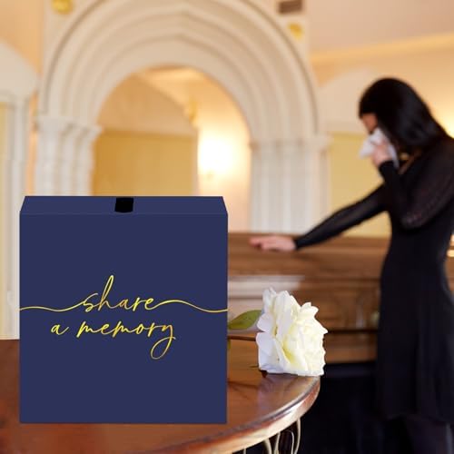 QISOLIY Navy Blue Celebration of Life Card Box with Gold Lettering, Share a Memory Funeral Card Box for Memorial Service, Remembrance Table Decor, Memory Box for Sympathy Condolence Messages