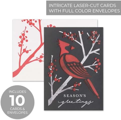 Masterpiece Striking Cardinal Holiday Cards / 10 Boxed Laser Cut Red Christmas Bird Cards With Coordinating Envelopes / 5" x 7" Folded Winter Seasonal Greeting Card Pack With Inside Verse
