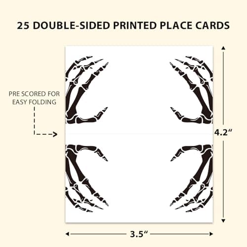 Halloween Place Cards for Table Setting, Skeleton Tent Cards Decor For Birthday Baby Shower Autumn Party Reception Decorations, Bridal Shower Place Card, 25 Pack Birthday Food Name Card 2 x 3.5" /036