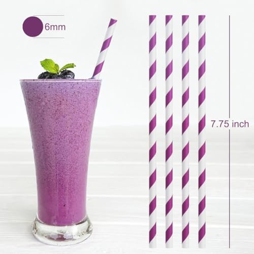 ALINK 100 Purple and White Striped Paper Straws, Biodegradable Disposable Drinking Straws for Valentine's Day, Halloween, Bridal Shower, Brithday, New Year, Party Decoration