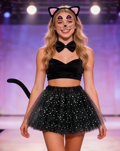 Dolkoic Black Cat Costume Set Cat Ears Headband Sequined Tutu for Women Book Week Halloween Cosplay