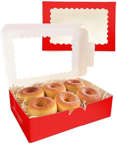 qiqee 50Pcs Red Cookie Box with Window 9x6x2.5 inch Pastry Macaron Bakery Box For Packaging