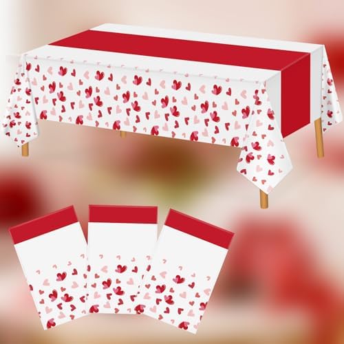 Hxezoc 3 Pack Valentines Day Tablecloths, 54 x 108 Inch Disposable Heart Plastic Table Cover for Girls Kids Valentines Birthday Baby Shower Party Decorations Outdoor Indoor Party Supplies