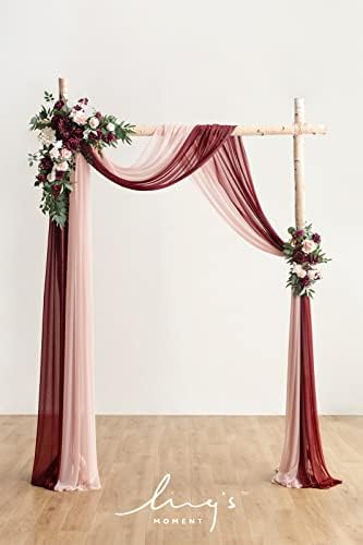 Ling's moment Red Pink Blush Artificial Wedding Arch Flowers Kit Pack of 4, 2pcs Hanging Flower Arrangement 2pcs Chiffon Drapes Ceremony Reception Fake Rose Arbor Backdrop Floral Party Outdoor Decor