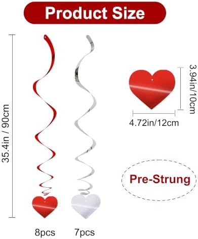 BEISHIDA Happy Valentine's Day Hanging Swirls Valentine's Decorations Red Silver Heart Hanging Ornament Wedding Anniversary Engagement Proposal Party Supplies Romantic Party Decorations Pack of 15