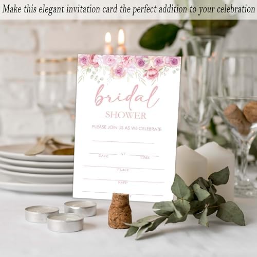 Bridal Shower Invitations, 25 Pink Floral Invites with Envelopes for Bridal Shower Reception Engagement Party, Garden Flower Wedding Party Cards - B10
