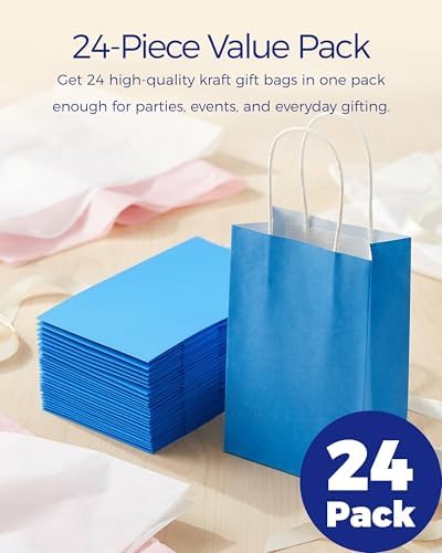 SUNCOLOR 24-Pack Blue Gift Bags with Handles, 8" Goodie Bags for Party Favors, Baby Showers, Birthdays