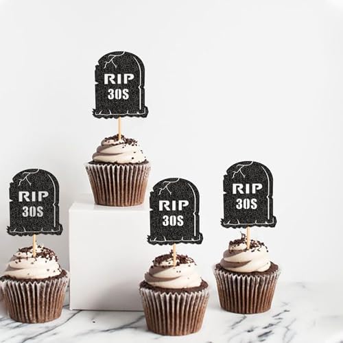 Ercadio 24Pcs Glitter Black Rip 30s Cupcake Topper Tombstone Cupcake Picks for Funeral 40th Birthday Anniversary Cupcake Decorations Rip to My Youth Emo Party Decorations
