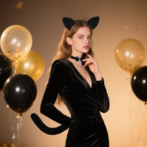 DysanVica Black Cat Costume Accessories - Cute Fluffy Cat Ears Headband Tail Collar for Adult Women Halloween