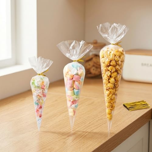 120 Pcs 6.3x11”Triangle Cello Cellophane Treat Bags with 140 Twist Ties