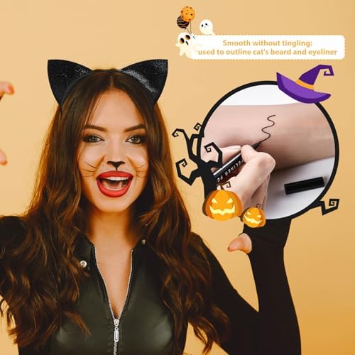 Halloween Cat Costume Makeup Kit for Women,Black Cat Ears Headband with Eyeliner and Lipstick,Black Face Paint Stick,Halloween Headband Cosplay Accessories for Adults