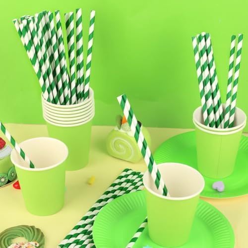 100 Packs Dark Green Biodegradable Striped Paper Straws, Dark Green and White Disposable Drinking Straws for Birthday Carnival Summer Pool Party Wedding Halloween Christmas Party Decoration Supplies