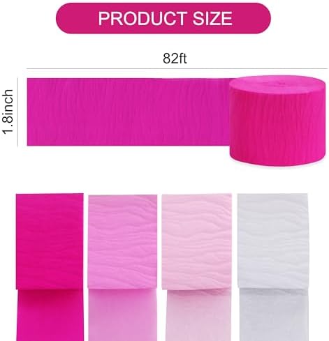 BEISHIDA 8 Rolls Hot Pink White Crepe Paper Streamers for Valentines Wedding Engagement Romantic Cat Theme Party Decorations Mother's Day Birthday Baby Shower DIY Craft Paper (1.8 Inch x 82 Ft/Roll)