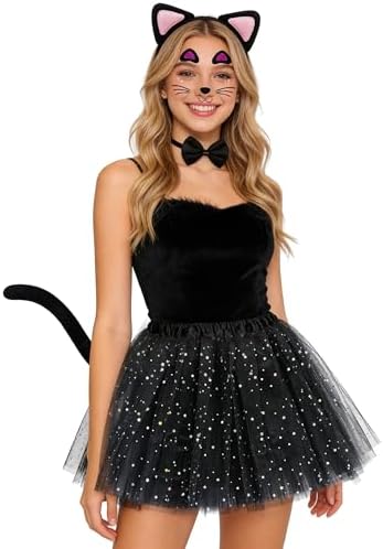 Dolkoic Black Cat Costume Set Cat Ears Headband Sequined Tutu for Women Book Week Halloween Cosplay