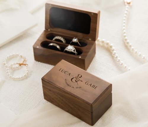 Custom Name & Date Ring Box - Personalized Botanical Walnut Wood Holder