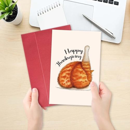 Cat Turkey Leg Happy Thanksgiving Card, Funny Thanksgiving Day Card for Cat Lover, Humorous Turkey Day Gift for Him He