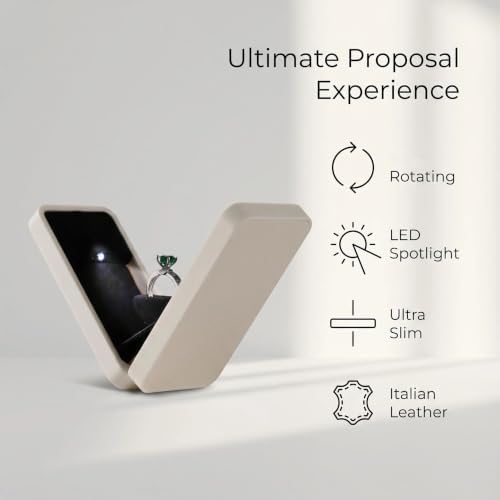 sunking White Italian Leather Rotating Ring Box, Slim Engagement Ring Box with LED Light, Proposal Ring Box for Wedding Engagement