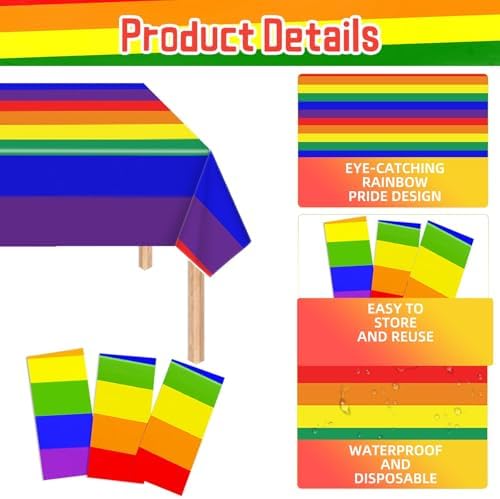 3 Pieces 54 x 108 Inches Rainbow Plastic Tablecloth, Disposable Rectangle Pride Striped Table Covers for LGBTQ Events, Wedding Decorations, Pride Month, Summer Picnic, and Birthday Supplies