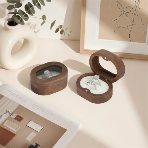 KUKUVR Oval Wooden Ring Box with Clear Window, Ring Holder Box for Wedding Day Engagement Proposal, Jewelry Gift Storage Box for Women (White - 2 Slots)